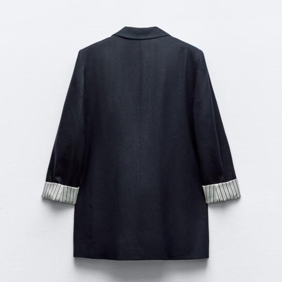 Zara Navy Linen Blend Open Front Blazer USA M NWT - Picture 3 of 4